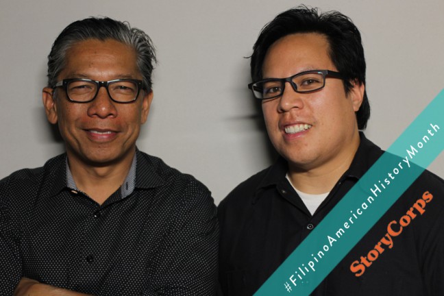 Allan Manalo and Oliver Saria record in the San Francisco StoryCorps booth.