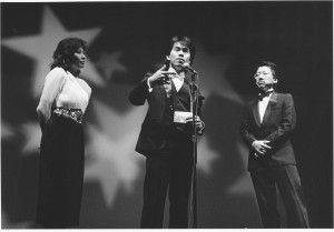Forbidden City, USA premiere, November 15, 1989, Palace of Fine Arts. MC’s Emeral Yeh and Ben Fong Torres with filmmaker Arthur Dong (center). Photo by Bob Hsiang.