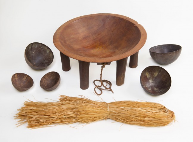Kava bowl (tanoa), kava cups, and kava strainer, Samoa, 1880s-1900s. Collection of the Oakland Museum of California, Museum Purchase, Dr. John Rabe D.D.S. Collection and Gift of Mrs. W. M. Kauffman. Photographed by Ben Blackwell for the Oakland Museum of California.