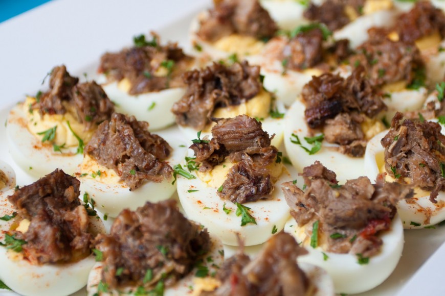Sisig Deviled Eggs at Opening Night Party, courtesy of Attic Restaurant