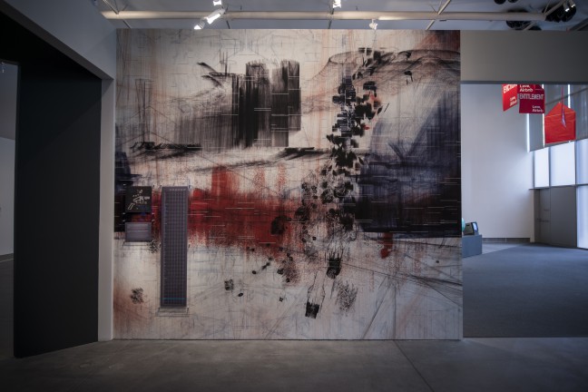 Jeremy Mende, Immersive data from The Liberator Cycle, 2016. Installation view of Take This Hammer: Art + Media Activism from the Bay Area, Yerba Buena Center for the Arts, 2016. Courtesy Yerba Buena Center for the Arts. Photo by Charlie Villyard.
