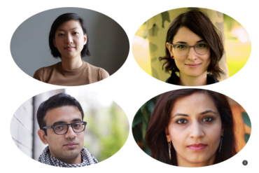 a collage image of four faces of Asian American filmmakers who have been selected to be a part of the 2019 CAAM Fellowship.