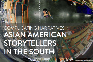 A fisheye lens photo of a mixed race Asian American man looking up at the camera, with the words "Complicating Narratives: Asian American Storytellers in the South."