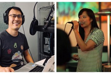 An Asian American man sits in front of a speaker recording a podcast. A woman on the right speaks into a microphone with a smile.
