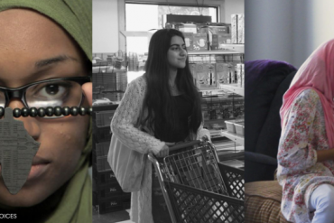 A triptych of three young Muslim American girls wearing hijabs who are filmmakers part of the Muslim Youth Voices Project.