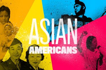 a colorful graphic image of Asian American faces with the words "Asian Americans" in the middle.
