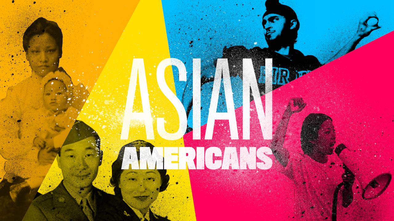 a colorful graphic image of Asian American faces with the words "Asian Americans" in the middle.